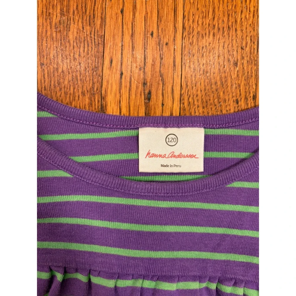 Hanna Andersson Girls Purple Green Striped Cotton Dress Size 120 6 7 Long Sleeve